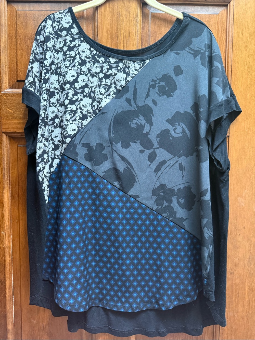 Lane Bryant Black and Blue Patchwork Floral Short Sleeve Tee
